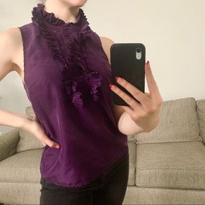 Kenar purple ruffle sleeveless silk blouse